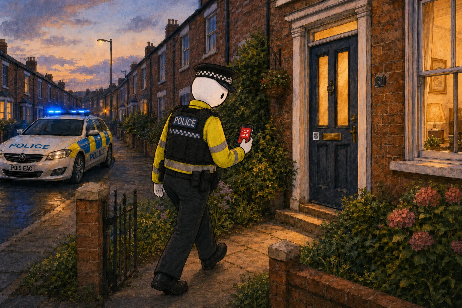 A police officer walking up a garden path to a front door at dusk, holding a phone showing the ICE Jar app, with a patrol car parked on the street behind